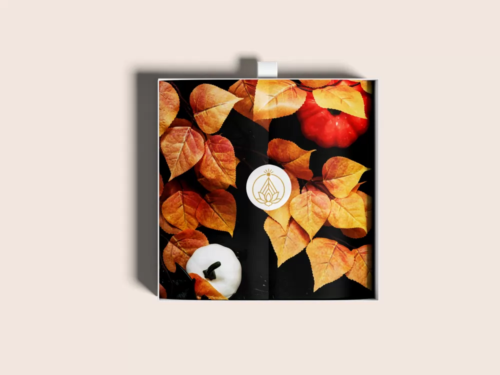 Dessus de boîte mystère Orione : feuilles d'automne, courges et sceau doré au lotus